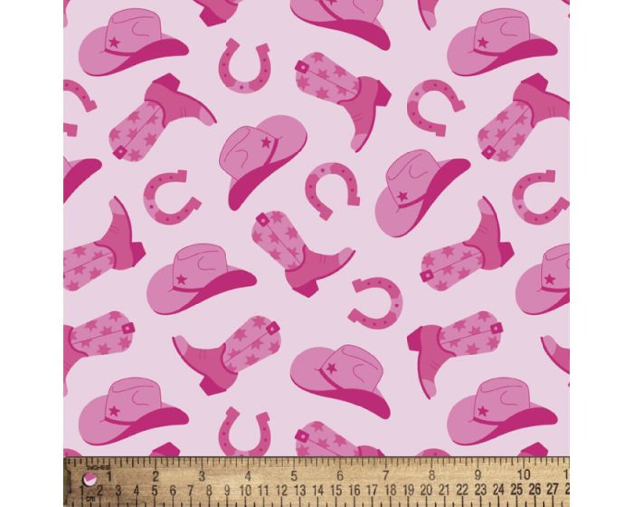 Cowgirls Hats, Boots and Horseshoes Pink Poly Cotton Fabric | By the Yard | Sewing and Crafting | 44 inches wide
